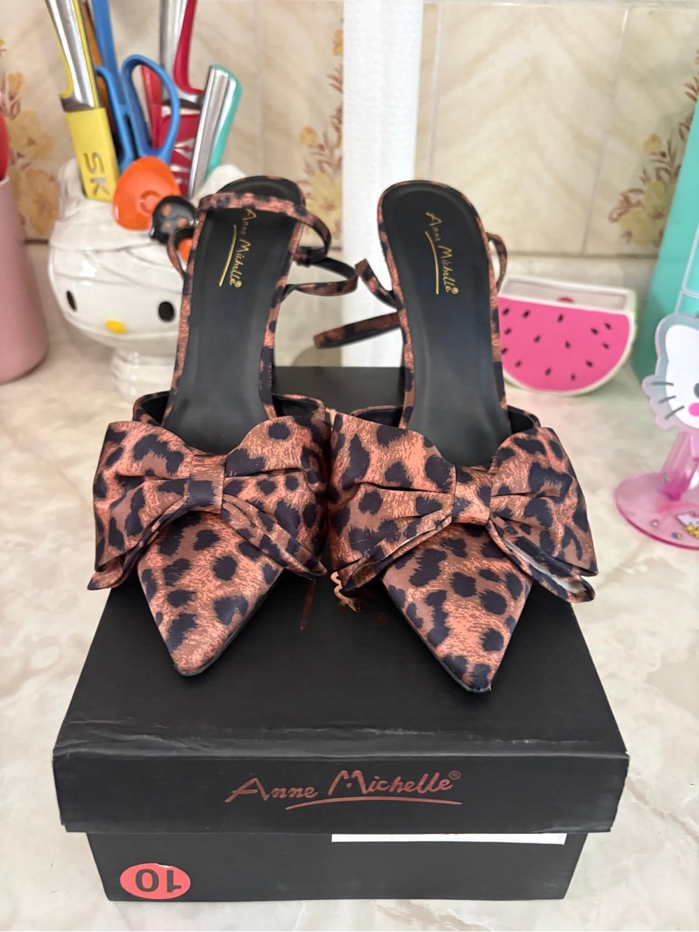 Anne Michelle Leopard Bow Pointed Slingback Heels - Brown/Black